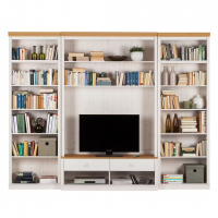 Estante grande para sala em madeira com rack para tv na cor branco lavado e mel  / coleção biblioteca